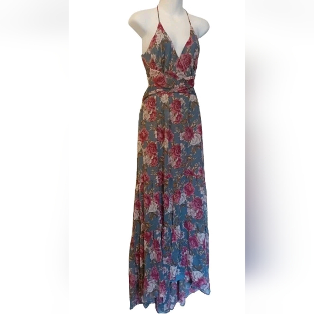 Astr Blue Floral Maxi Dress with Pink Roses - Picture 2 of 8